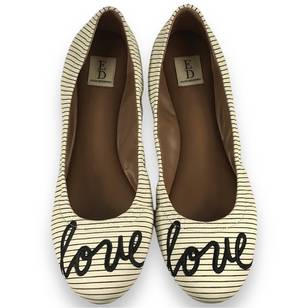 Ellen DeGeneres Langston Womens Brighton Stripe Love Flats White Black Size 6.5